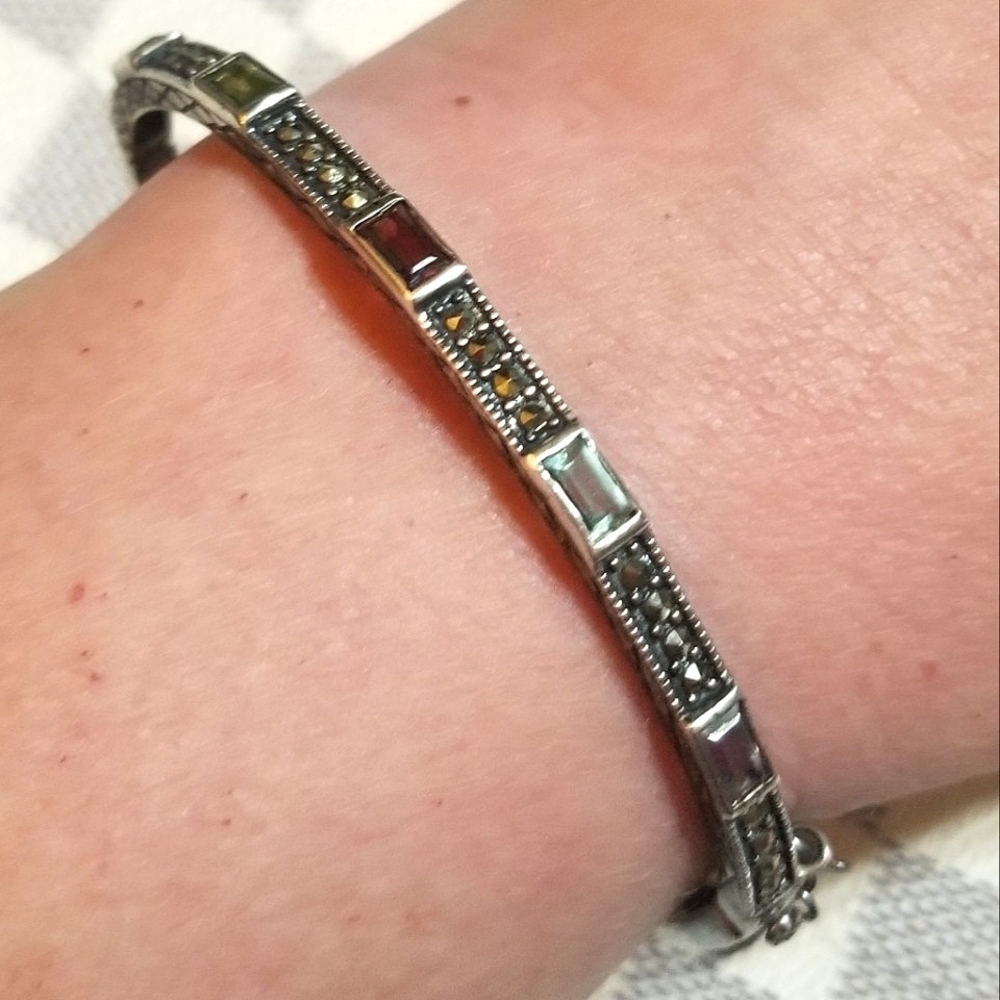 VTG designer signed Deco Style Multi Gems Marcasite Sterling Bracelet